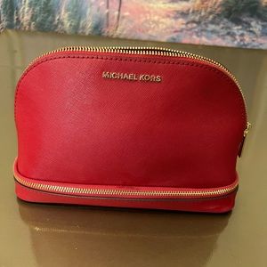 Michael Kors Cosmetic Bag  Red Leather Large Pouch Brushes Travel